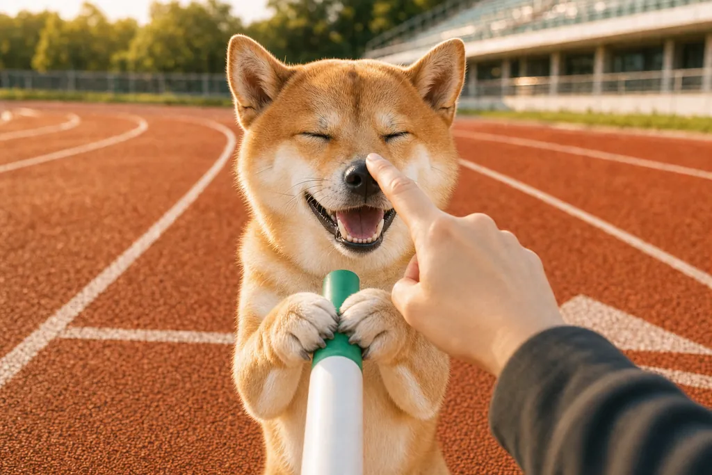 Someone boops the shiba on the nose while he holds the baton