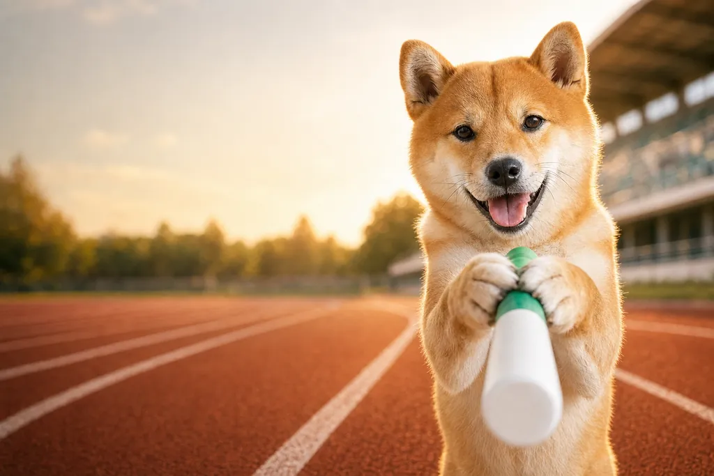 The shiba holding the baton out at the exchange zone