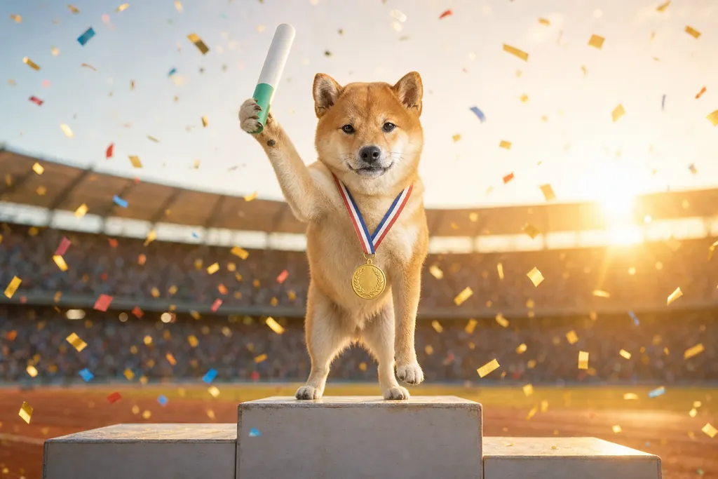 The shiba on the podium with a gold medal and the baton up