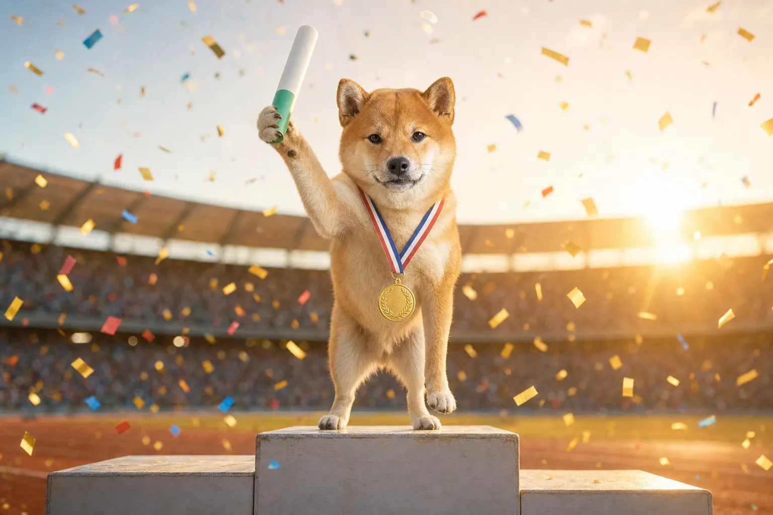 The baton shiba on the top step of the podium with a gold medal, holding the baton up, confetti everywhere