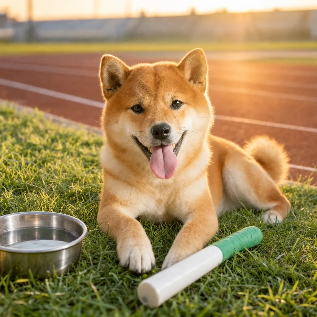 The baton shiba lying on the grass after his lap, tongue out, the baton beside him