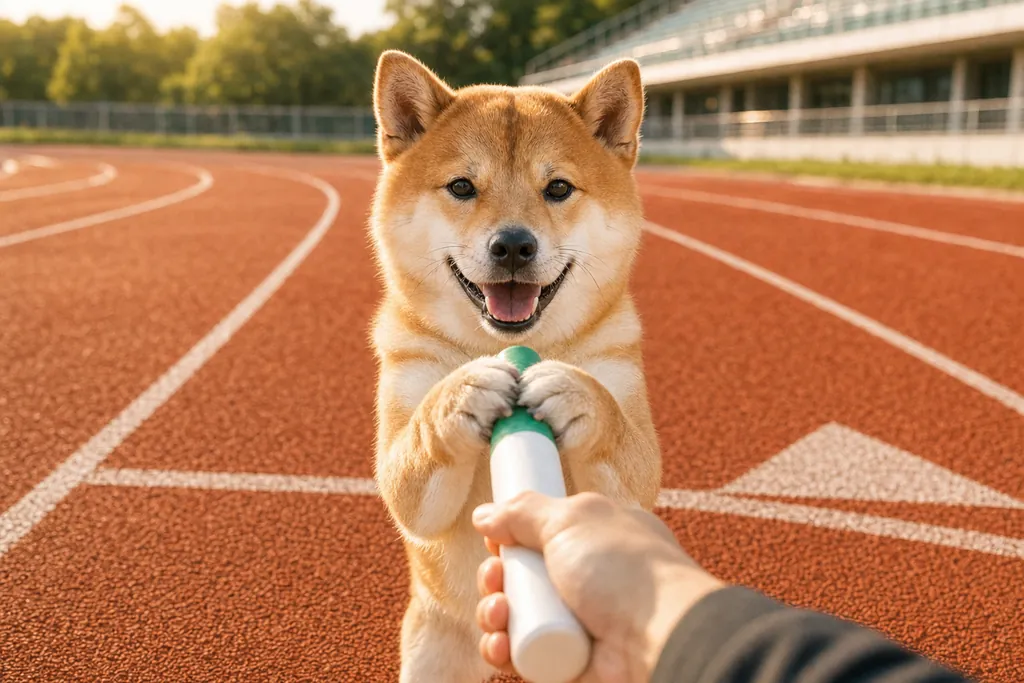 Your hand taking the baton from the shiba