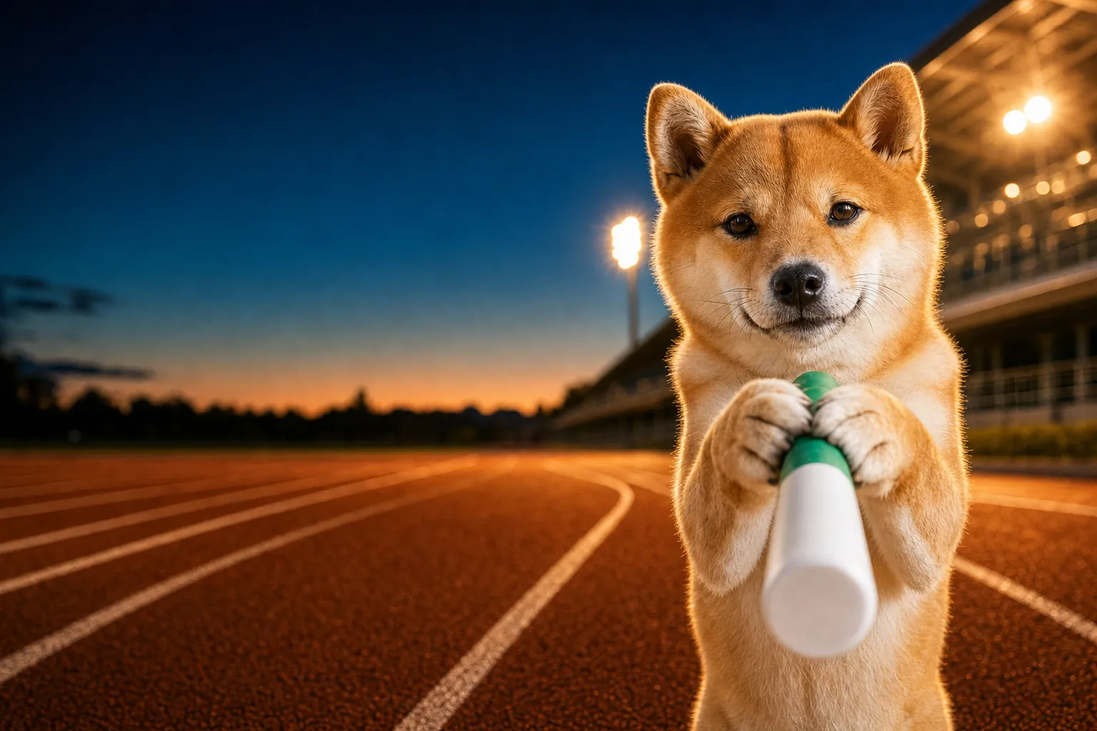 At blue hour under the stadium floodlights the shiba still stands on the track holding the baton out to you